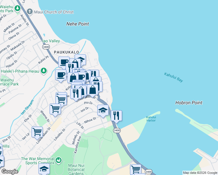 map of restaurants, bars, coffee shops, grocery stores, and more near 610 Eluene Place in Wailuku