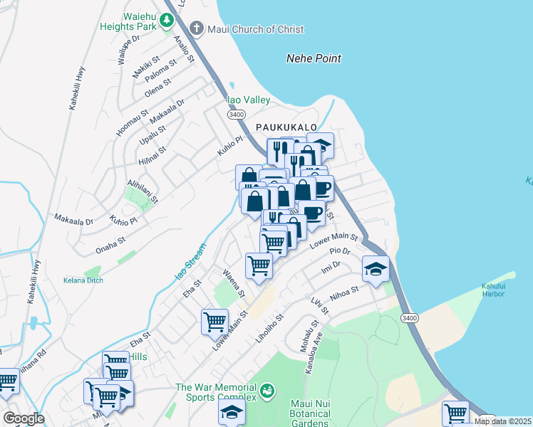 map of restaurants, bars, coffee shops, grocery stores, and more near 890 Alua Street in Wailuku