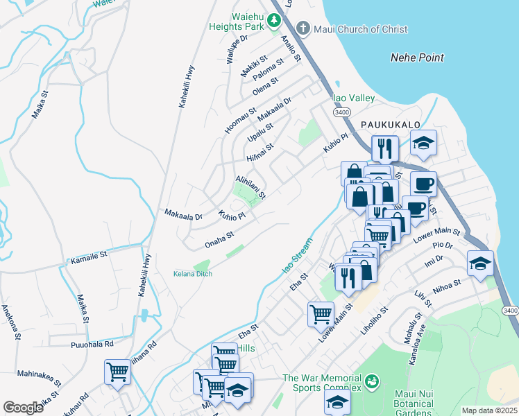map of restaurants, bars, coffee shops, grocery stores, and more near 951 Kuhio Place in Wailuku