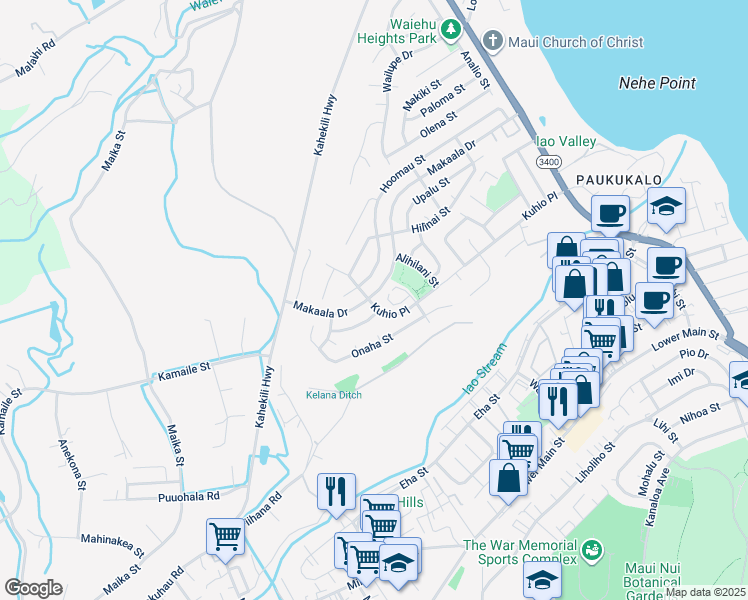 map of restaurants, bars, coffee shops, grocery stores, and more near 1097 Makaala Drive in Wailuku