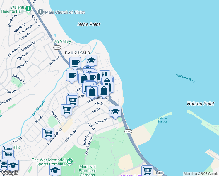map of restaurants, bars, coffee shops, grocery stores, and more near 639 Kainalu Place in Wailuku