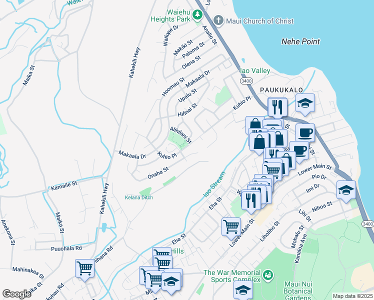 map of restaurants, bars, coffee shops, grocery stores, and more near 951 Kuhio Place in Wailuku