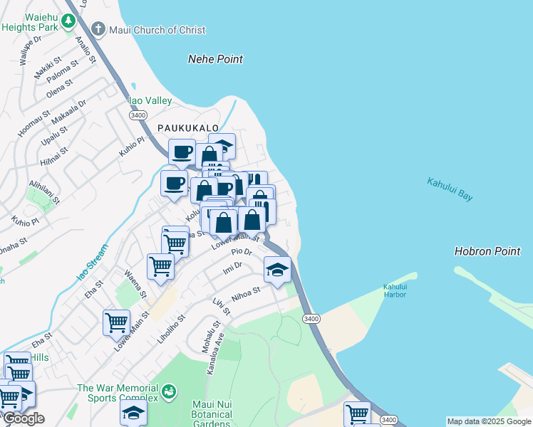 map of restaurants, bars, coffee shops, grocery stores, and more near 639 Kainalu Place in Wailuku