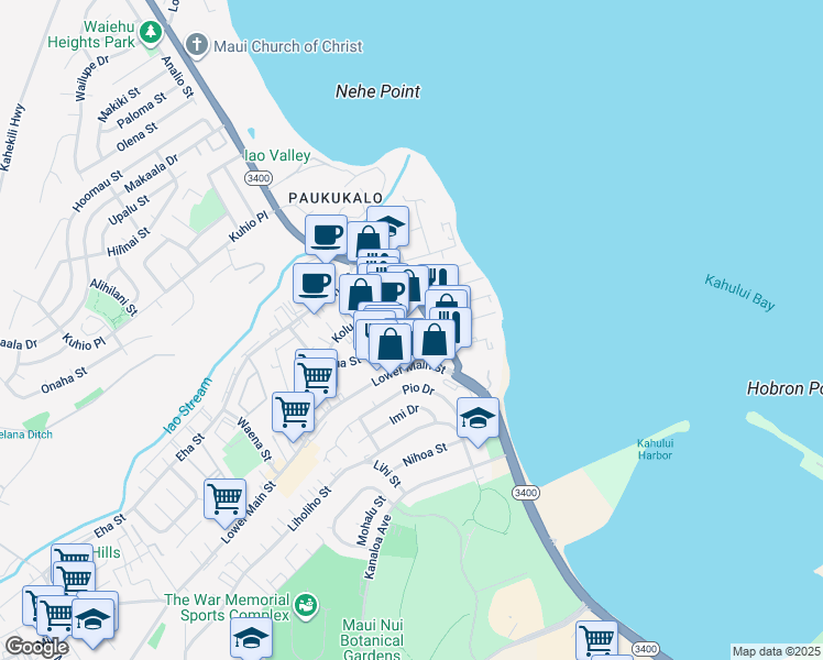 map of restaurants, bars, coffee shops, grocery stores, and more near 270 Hookahi Street in Wailuku