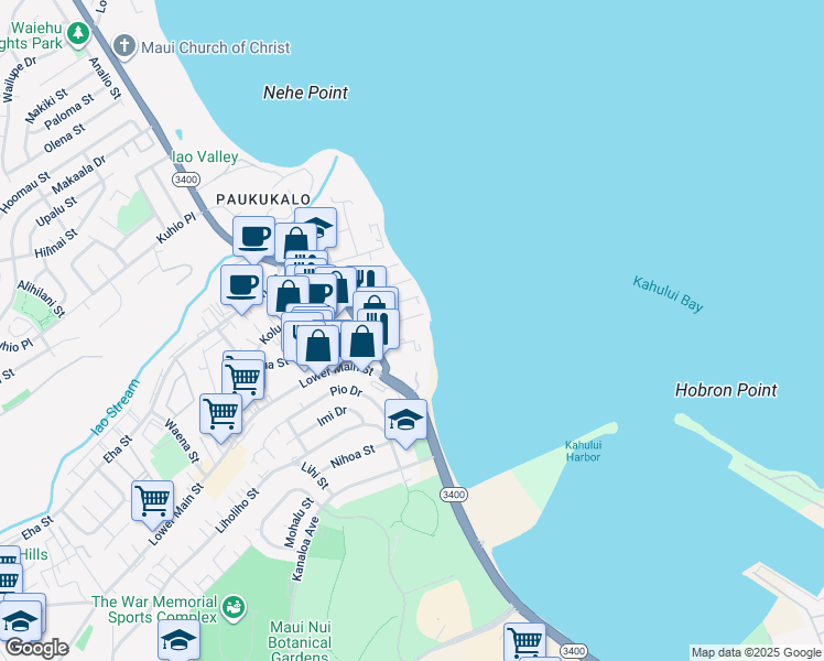 map of restaurants, bars, coffee shops, grocery stores, and more near 620 Eluene Place in Wailuku