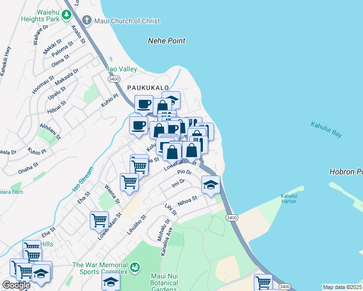 map of restaurants, bars, coffee shops, grocery stores, and more near 270 Hookahi Street in Wailuku