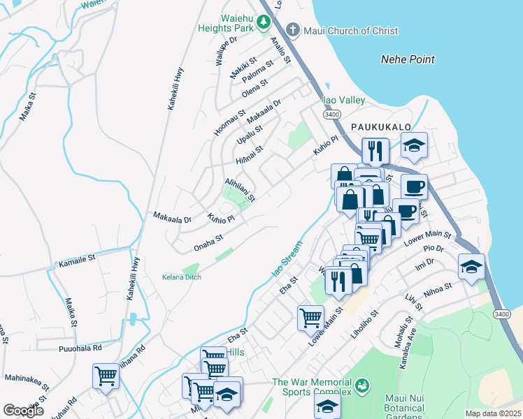 map of restaurants, bars, coffee shops, grocery stores, and more near 929 Kuhio Place in Wailuku