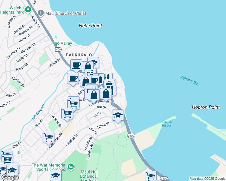 map of restaurants, bars, coffee shops, grocery stores, and more near 631 Kainalu Place in Wailuku