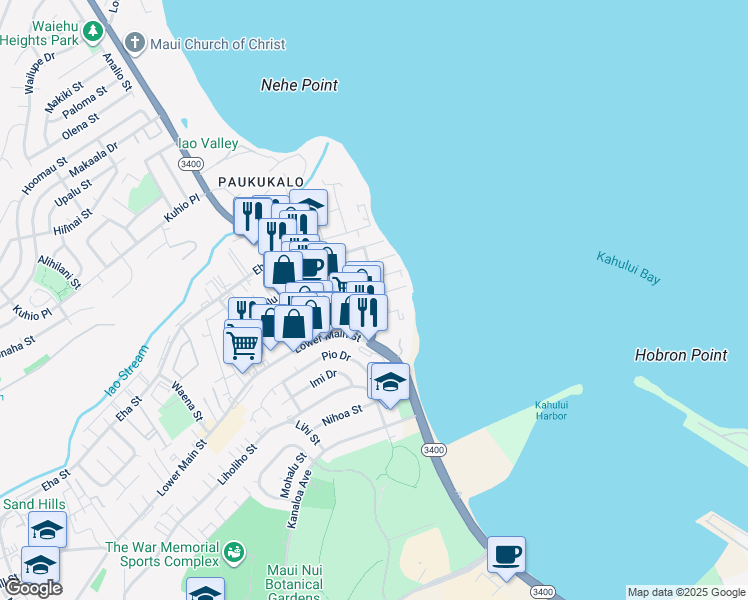 map of restaurants, bars, coffee shops, grocery stores, and more near 631 Kainalu Place in Wailuku