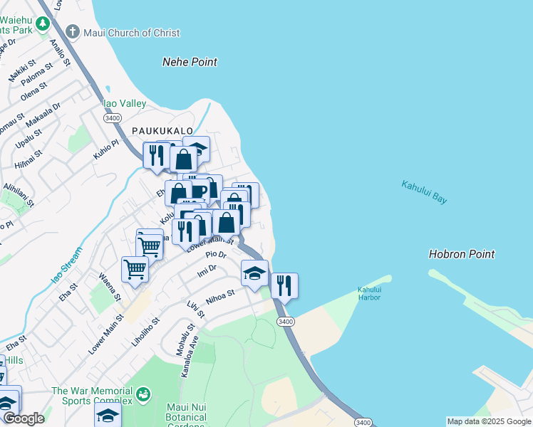 map of restaurants, bars, coffee shops, grocery stores, and more near 610 Eluene Place in Wailuku