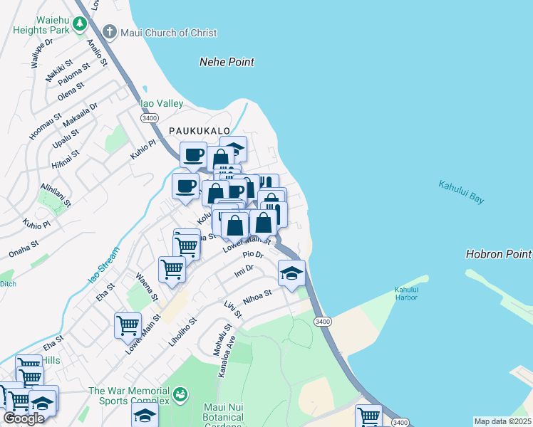map of restaurants, bars, coffee shops, grocery stores, and more near 302 Waiehu Beach Road in Wailuku