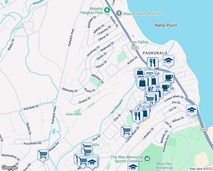 map of restaurants, bars, coffee shops, grocery stores, and more near 929 Kuhio Place in Wailuku