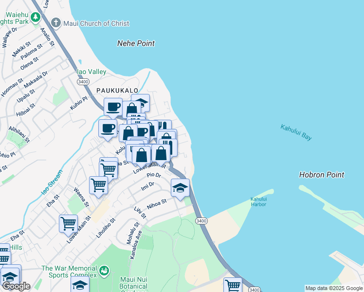 map of restaurants, bars, coffee shops, grocery stores, and more near 561 Kainalu Place in Wailuku
