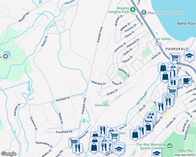map of restaurants, bars, coffee shops, grocery stores, and more near 1142 Hoalu Place in Wailuku