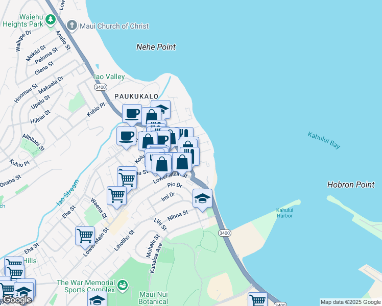map of restaurants, bars, coffee shops, grocery stores, and more near 636 Kainalu Place in Wailuku