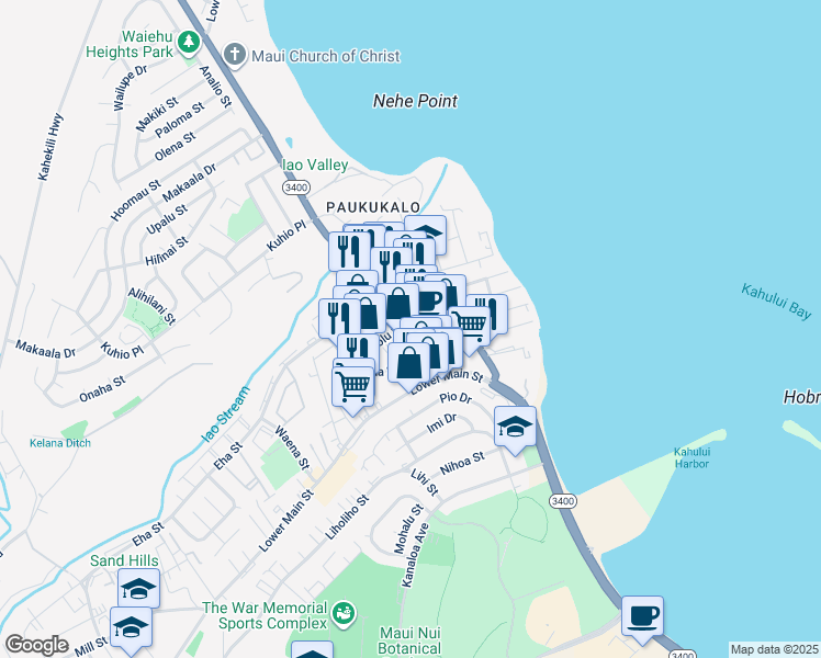 map of restaurants, bars, coffee shops, grocery stores, and more near 331 Hookahi Street in Wailuku