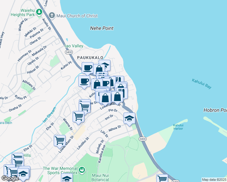 map of restaurants, bars, coffee shops, grocery stores, and more near 331 Waiehu Beach Road in Wailuku