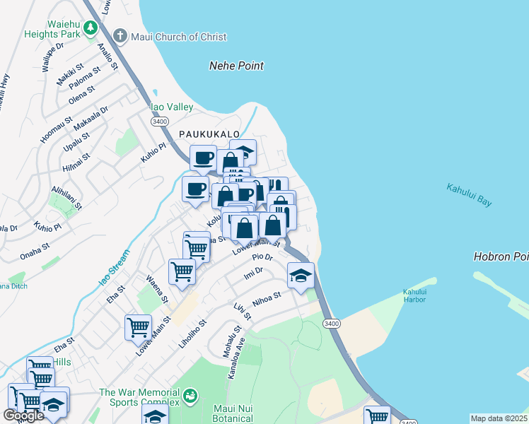 map of restaurants, bars, coffee shops, grocery stores, and more near 331 Waiehu Beach Road in Wailuku