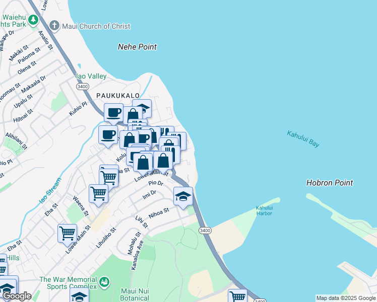 map of restaurants, bars, coffee shops, grocery stores, and more near 543 Kainalu Place in Wailuku