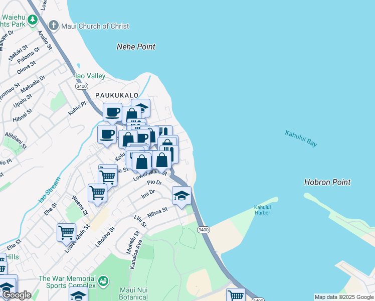 map of restaurants, bars, coffee shops, grocery stores, and more near 543 Kainalu Place in Wailuku
