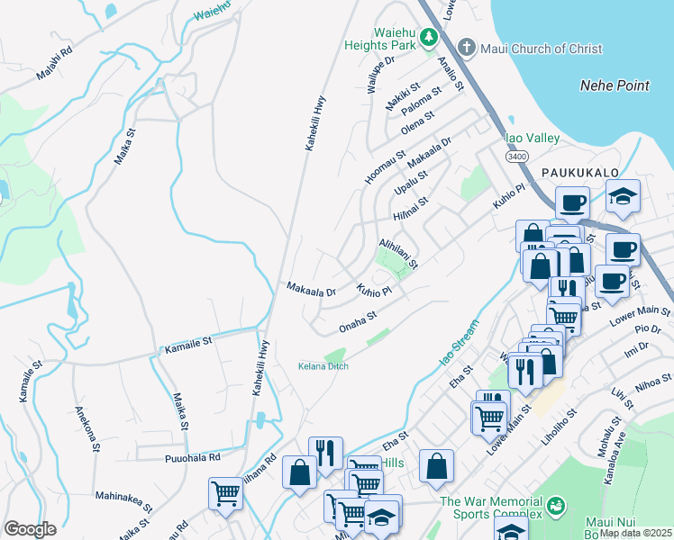 map of restaurants, bars, coffee shops, grocery stores, and more near 1110 Hoomau Place in Waihee-Waiehu