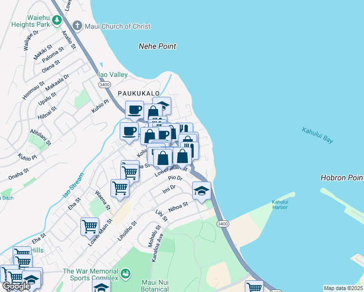 map of restaurants, bars, coffee shops, grocery stores, and more near 324 Waiehu Beach Road in Wailuku