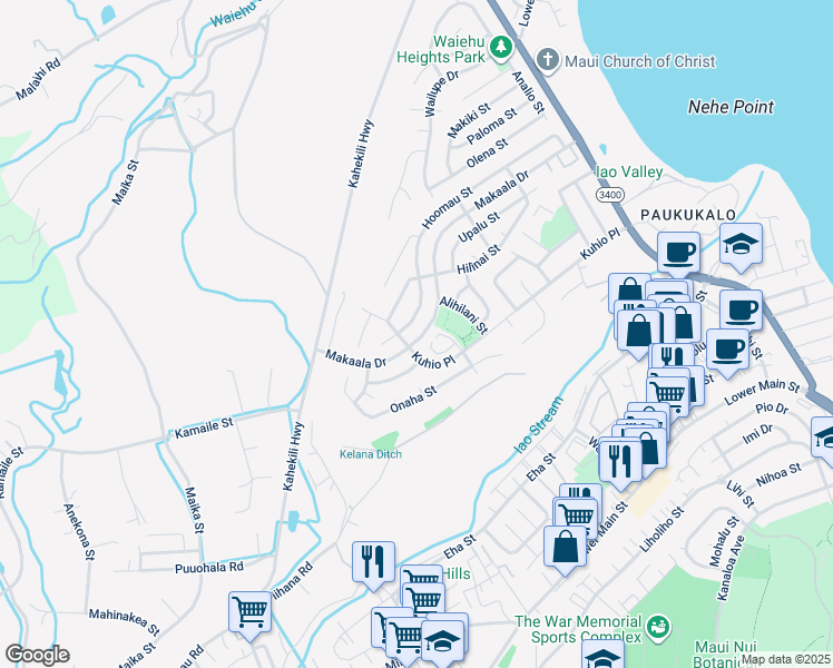 map of restaurants, bars, coffee shops, grocery stores, and more near 1082 Makaala Drive in Wailuku