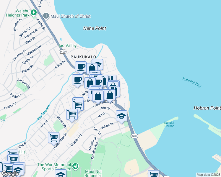map of restaurants, bars, coffee shops, grocery stores, and more near 677 Linekona Place in Wailuku