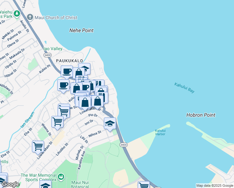 map of restaurants, bars, coffee shops, grocery stores, and more near 610 Eluene Place in Wailuku