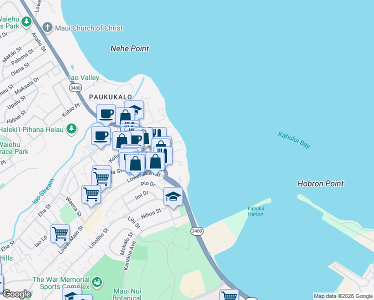 map of restaurants, bars, coffee shops, grocery stores, and more near 505 Kainalu Place in Wailuku