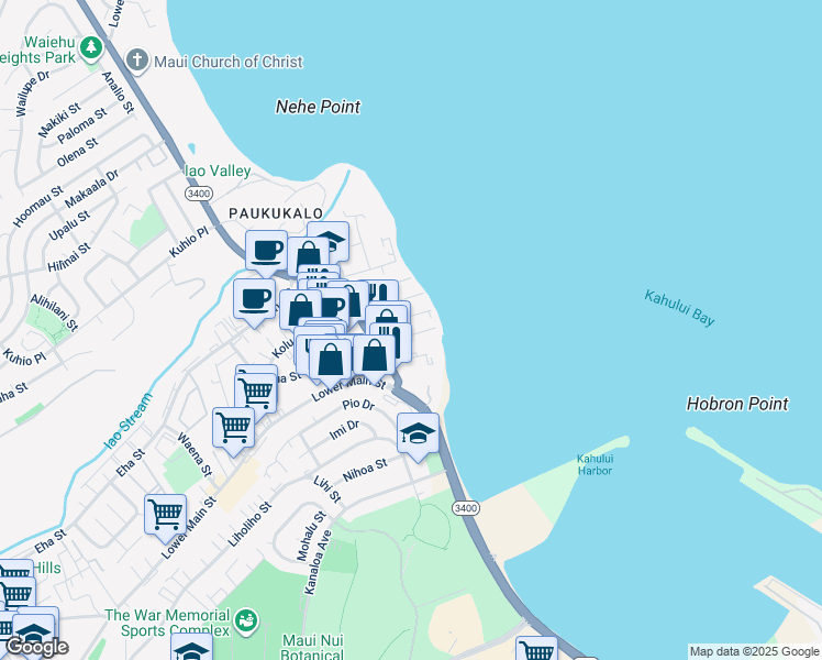 map of restaurants, bars, coffee shops, grocery stores, and more near 582 Kainalu Place in Wailuku
