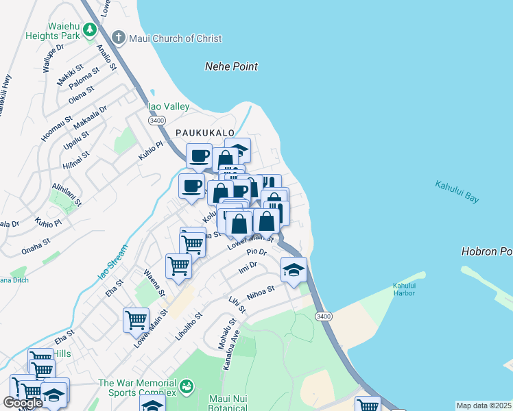 map of restaurants, bars, coffee shops, grocery stores, and more near 331 Waiehu Beach Road in Wailuku