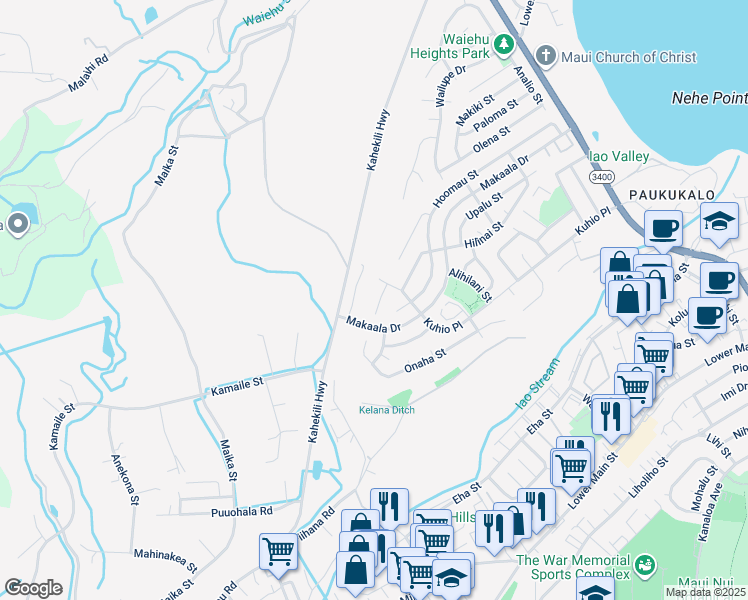 map of restaurants, bars, coffee shops, grocery stores, and more near 1130 Hoalu Place in Wailuku