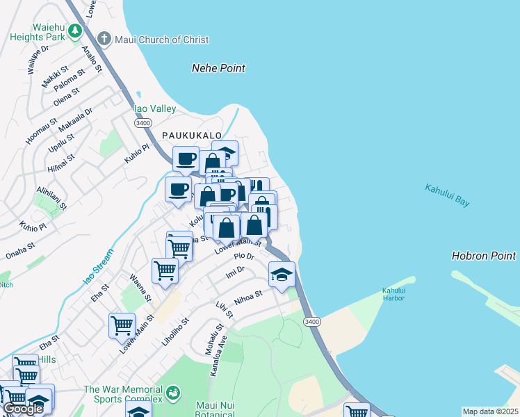 map of restaurants, bars, coffee shops, grocery stores, and more near 663 Linekona Place in Wailuku