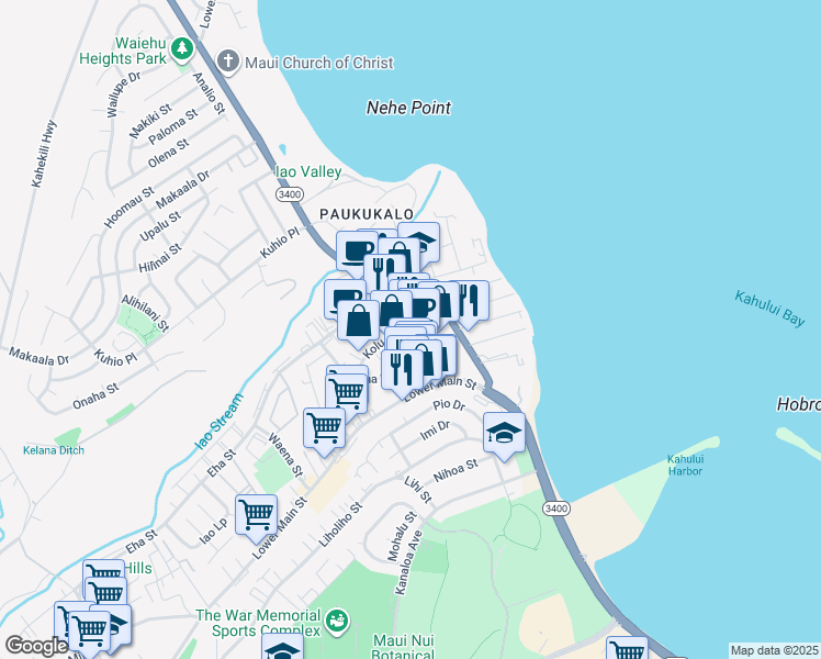 map of restaurants, bars, coffee shops, grocery stores, and more near 331 Hookahi Street in Wailuku