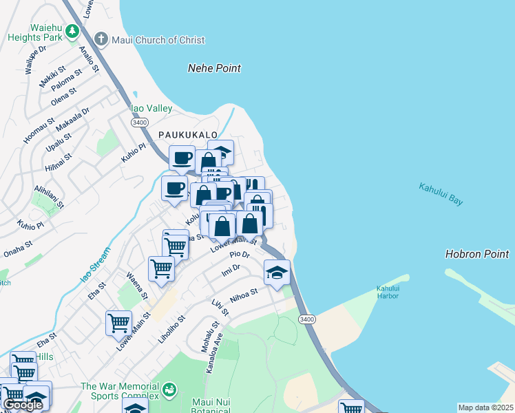 map of restaurants, bars, coffee shops, grocery stores, and more near 651 Linekona Place in Wailuku