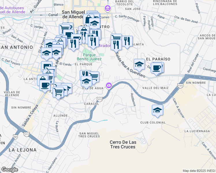 map of restaurants, bars, coffee shops, grocery stores, and more near Camino Real de Xichu in San Miguel de Allende