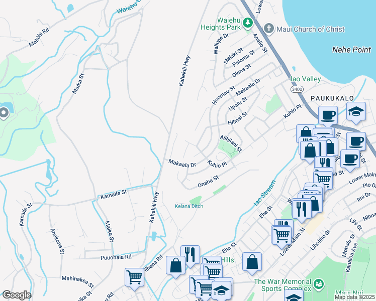 map of restaurants, bars, coffee shops, grocery stores, and more near 1119 Hoalu Place in Wailuku