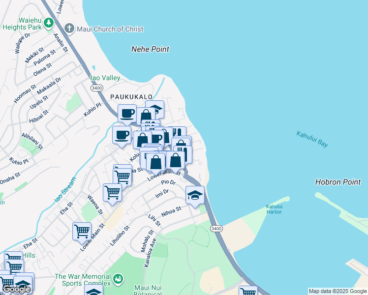 map of restaurants, bars, coffee shops, grocery stores, and more near 641 Linekona Place in Wailuku