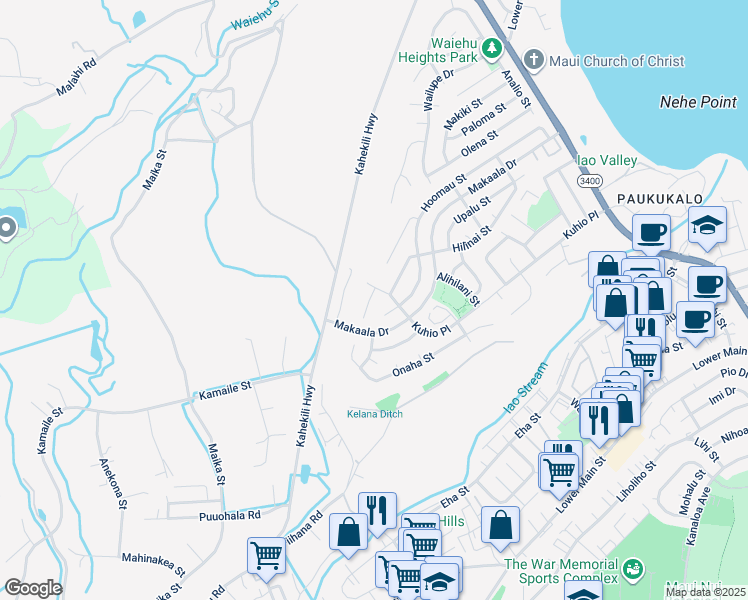 map of restaurants, bars, coffee shops, grocery stores, and more near 1119 Hoalu Place in Wailuku