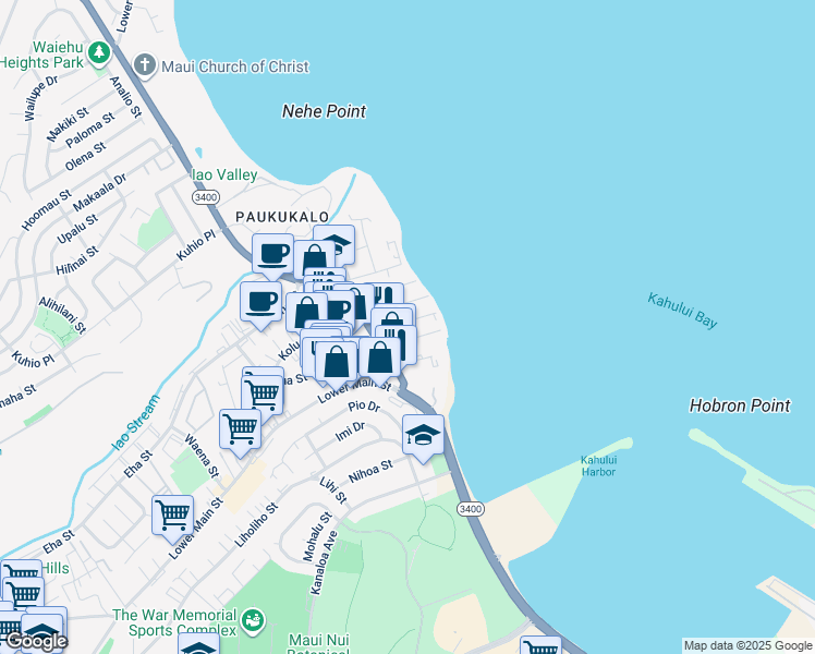 map of restaurants, bars, coffee shops, grocery stores, and more near 605 Linekona Place in Wailuku