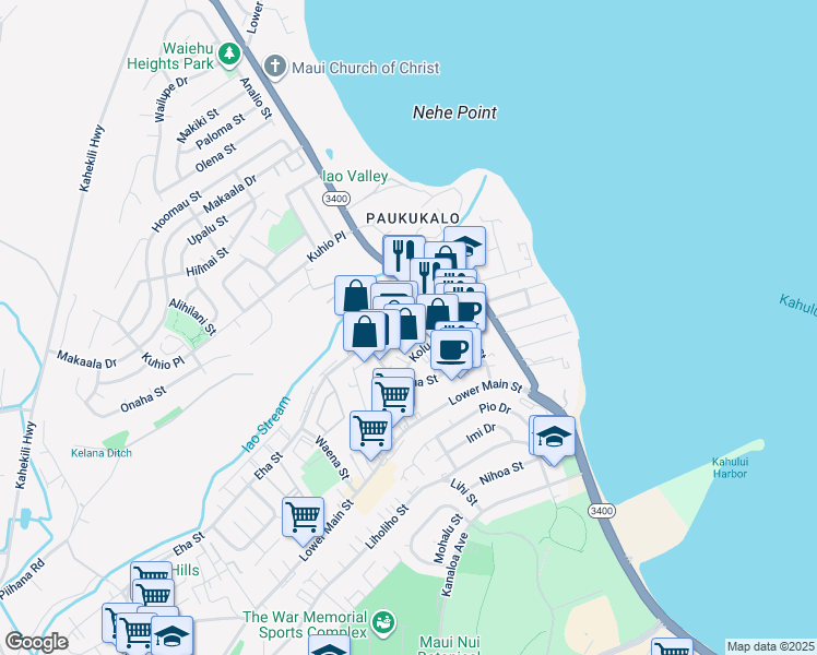 map of restaurants, bars, coffee shops, grocery stores, and more near 821 Eha Street in Wailuku