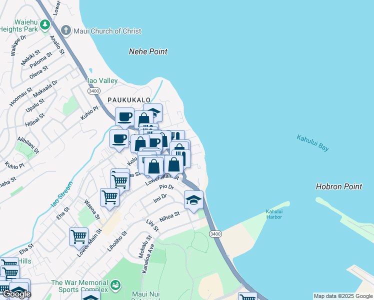 map of restaurants, bars, coffee shops, grocery stores, and more near 605 Linekona Place in Wailuku