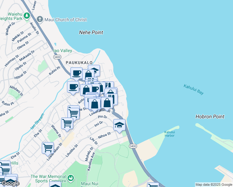 map of restaurants, bars, coffee shops, grocery stores, and more near 601 Linekona Place in Wailuku