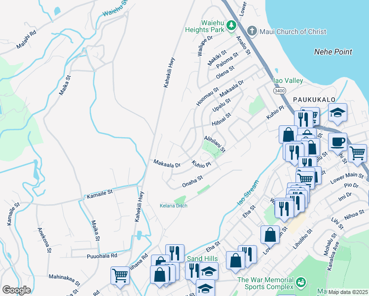 map of restaurants, bars, coffee shops, grocery stores, and more near 1080 Kuhio Place in Wailuku