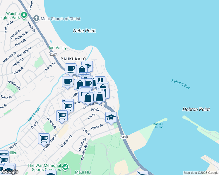 map of restaurants, bars, coffee shops, grocery stores, and more near 595 Linekona Place in Wailuku