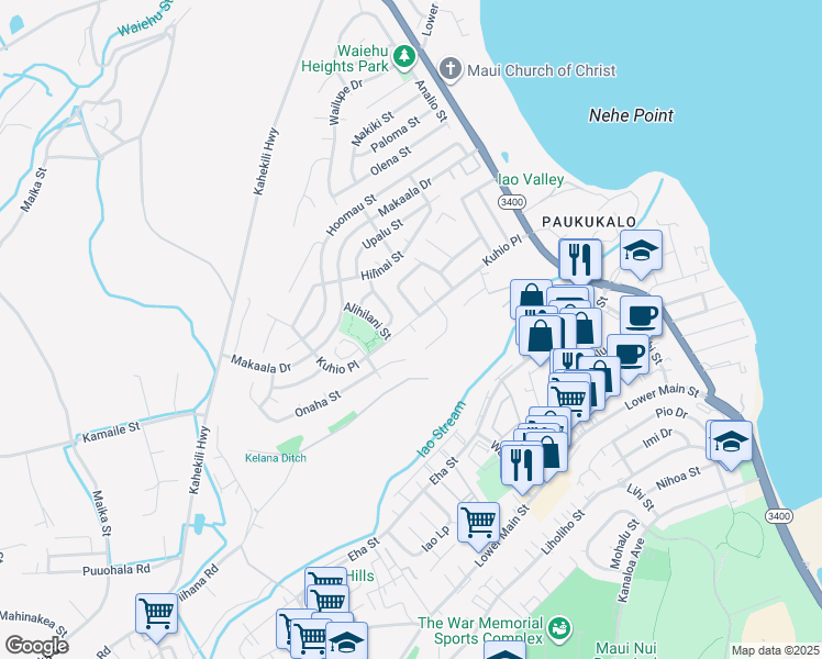 map of restaurants, bars, coffee shops, grocery stores, and more near 928 East Onaha Place in Wailuku