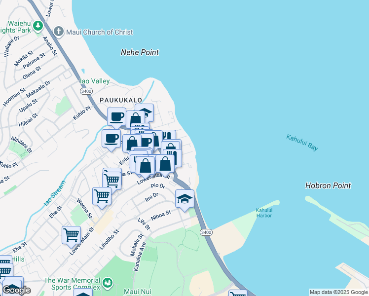 map of restaurants, bars, coffee shops, grocery stores, and more near 585 Linekona Place in Wailuku