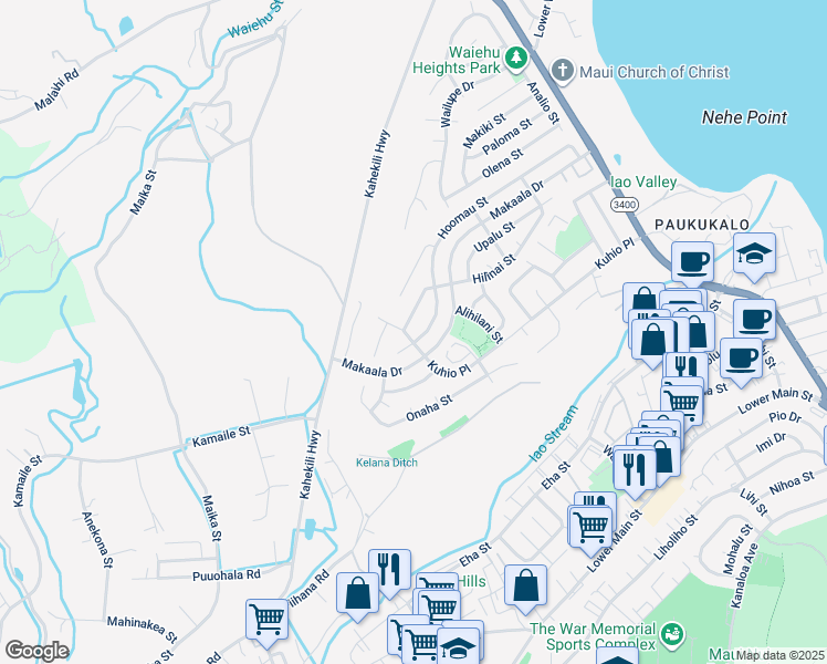 map of restaurants, bars, coffee shops, grocery stores, and more near 1080 Kuhio Place in Wailuku