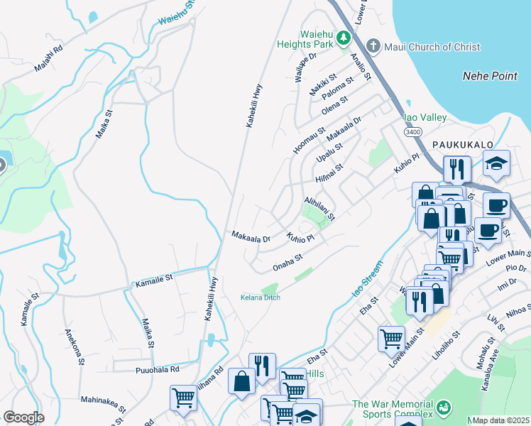 map of restaurants, bars, coffee shops, grocery stores, and more near 1095 Kuhio Place in Wailuku